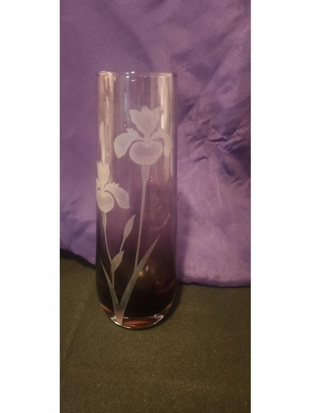 Vintage Culberson Amethyst Glass Vase with Etched Floral Design